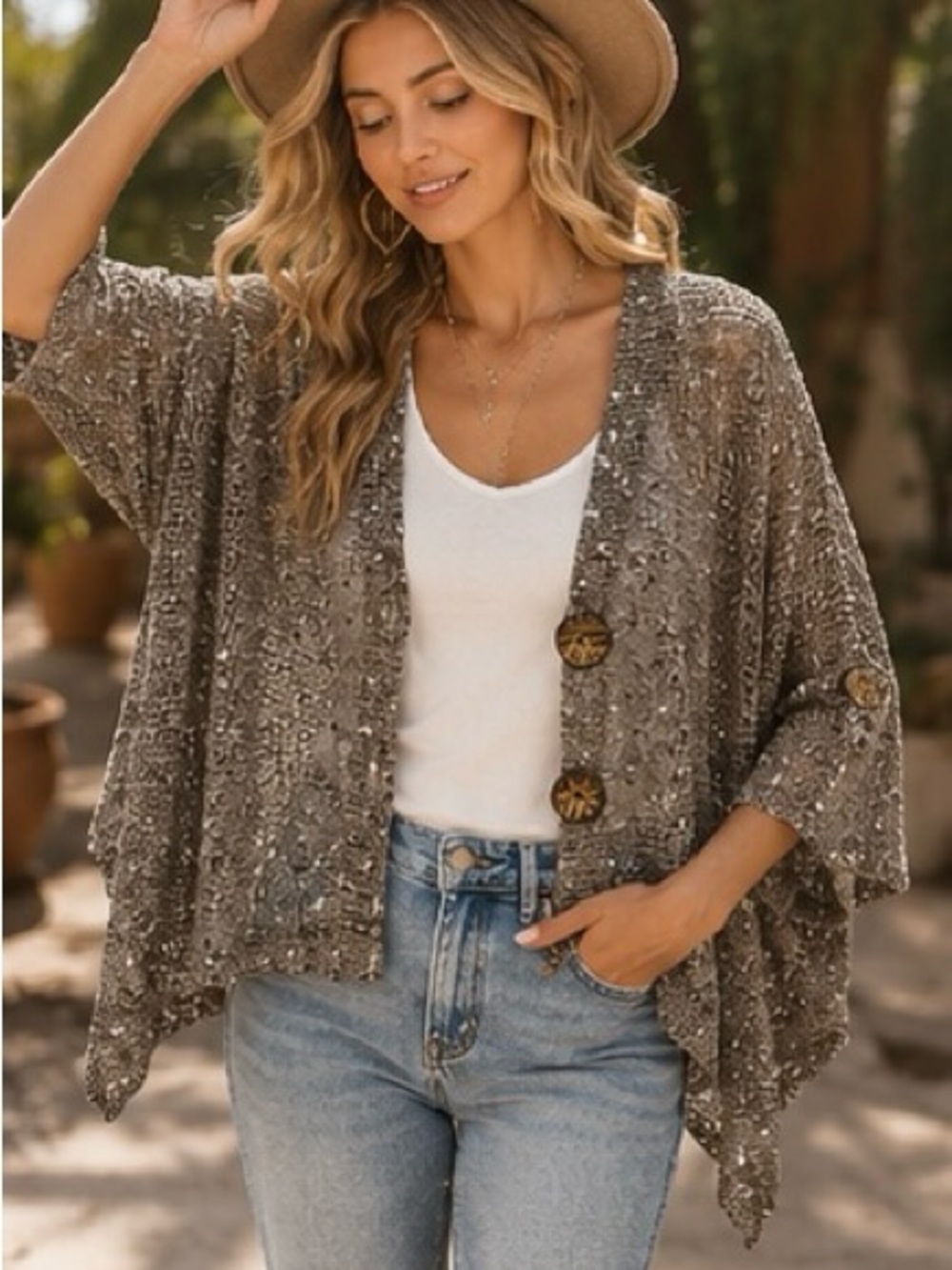 Nina Leonard Open Weave Boho Cardigan | Taupe Textured Knit Layering | Size L